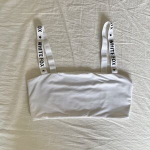 White fox - white bralette with black font on straps